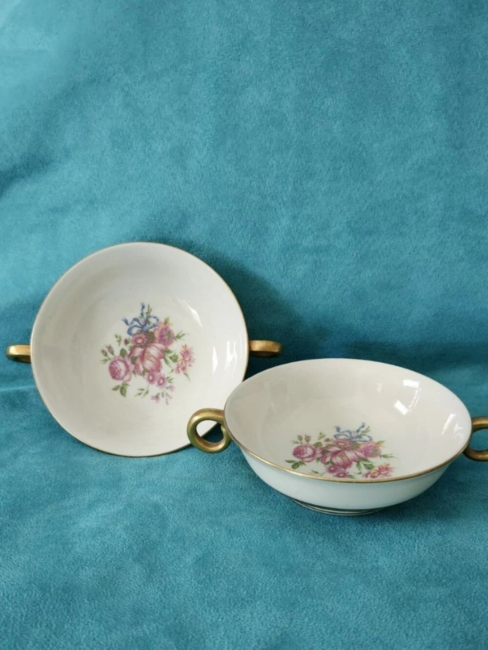 Theodore Haviland New York Cream Soup Bowls Kenmore Pattern gold floral handles